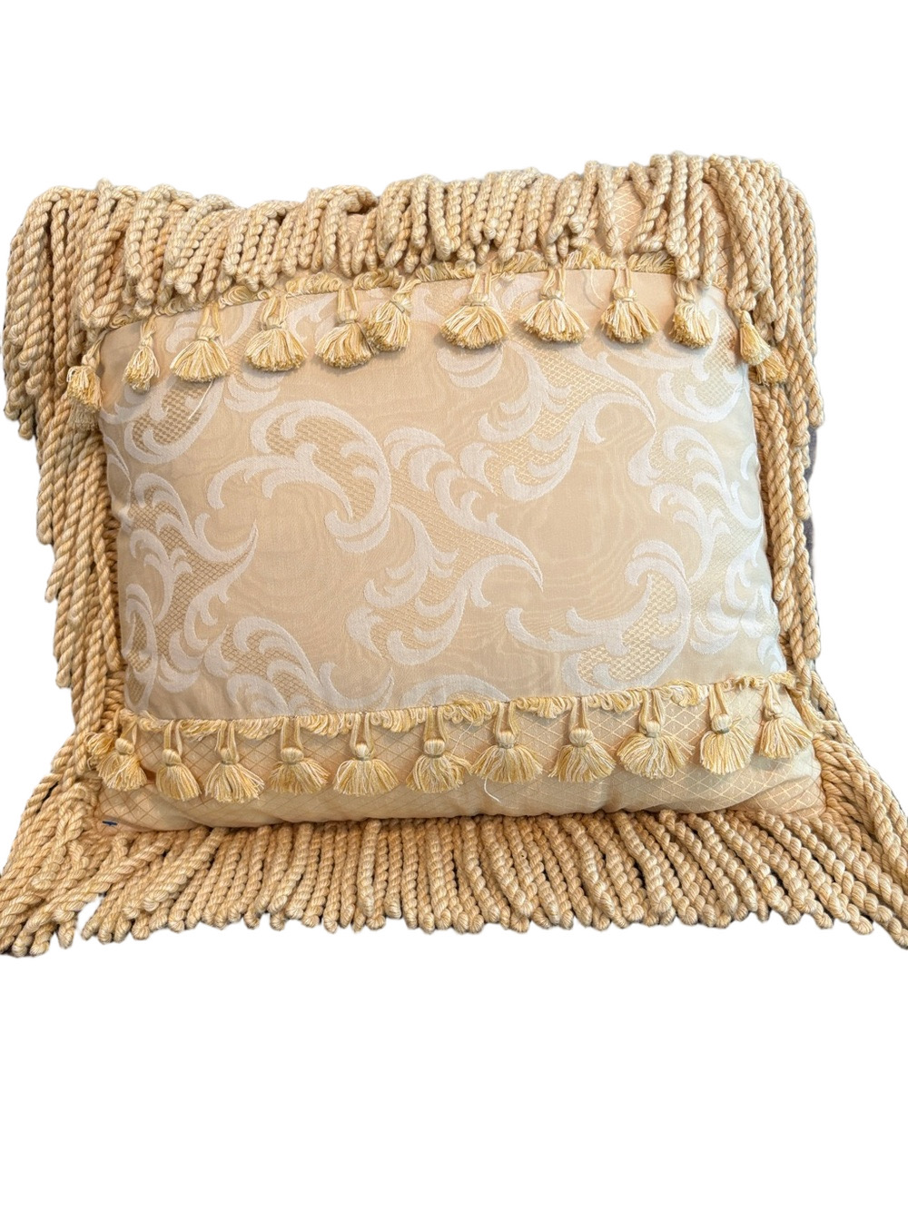 Damask Butter yellow fringe and tassel pillow